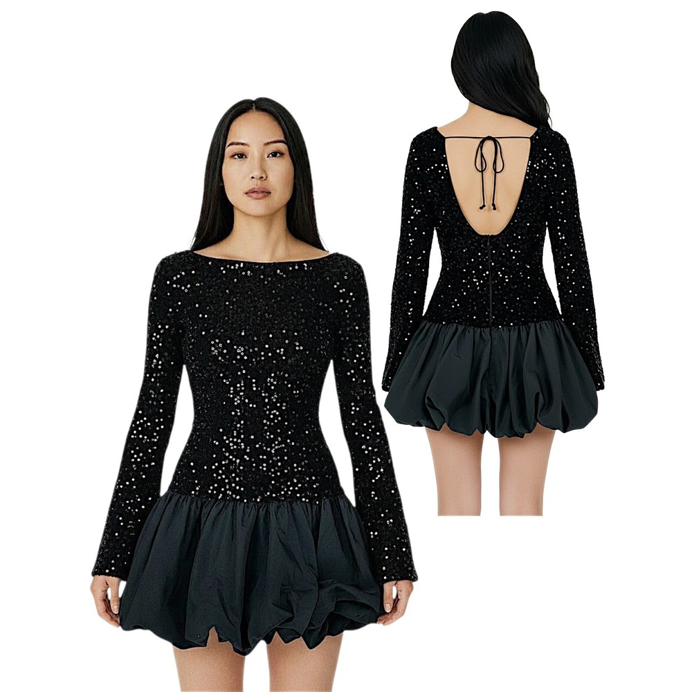 SHEIN BAE Party Dress L Black Sequin Bubble Hem Bell Sleeve Open Back Prom Club